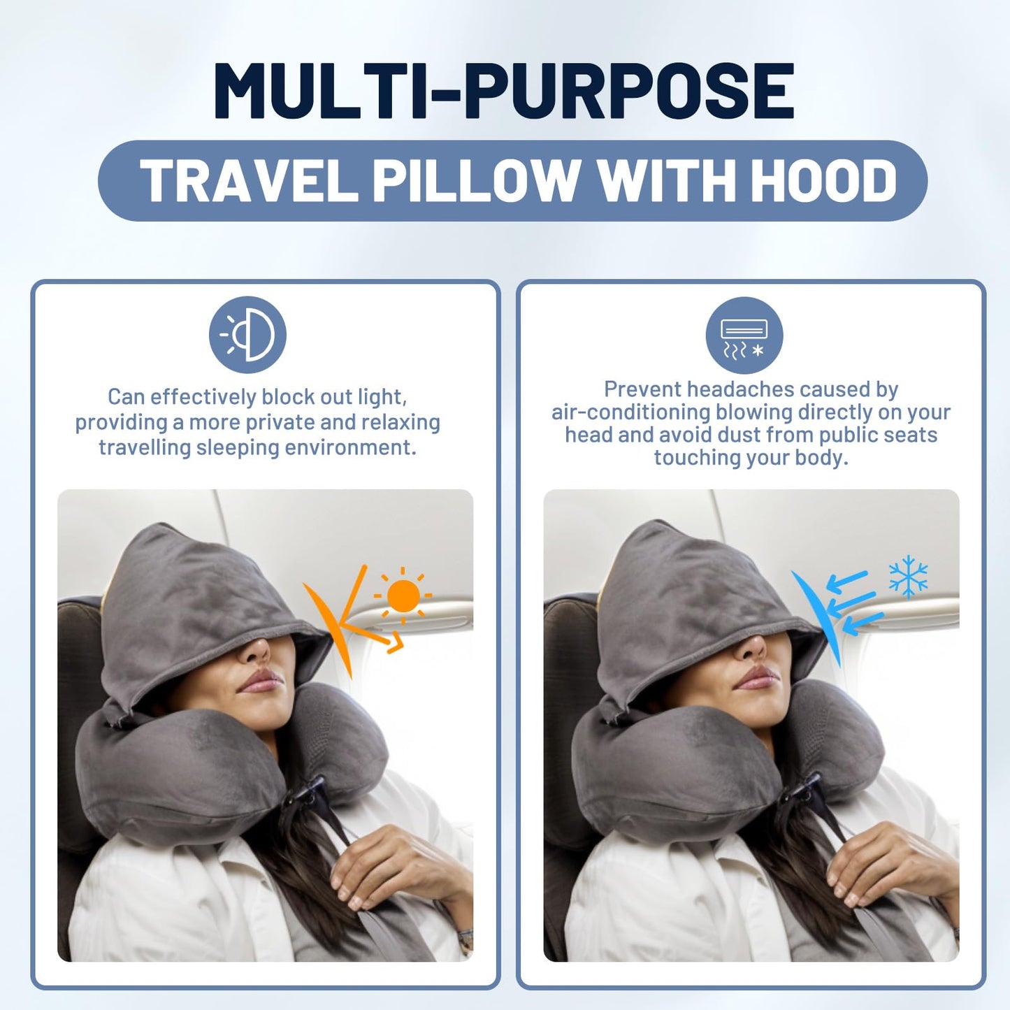 JSELF Travel Pillow with Hood, Neck Pillow for Airplane, Hooded Neck Pillow for Travel, Long Flight, Car, Plane, Office, Sleeping, 100% Pure Memory Foam Head Chin Support Airplane Pillow - Gray