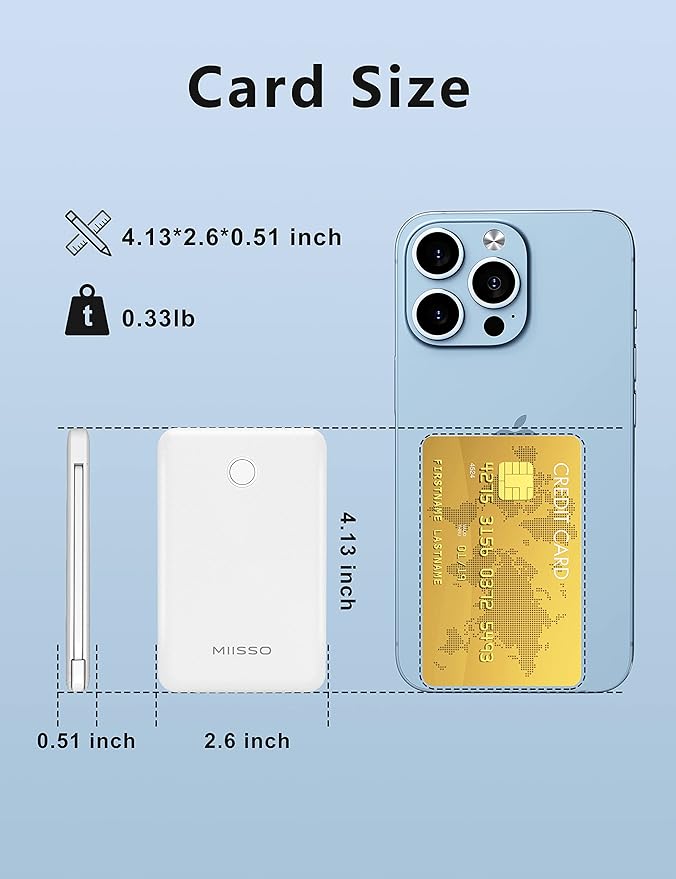 2-Pack 6000mah Ultra Slim Built in Cables Power Bank, Card Size Built in USB C Cords Battery Pack Portable Charger for Phones, 3 Output External Battery Pack Compatible with iPhone, Black & White