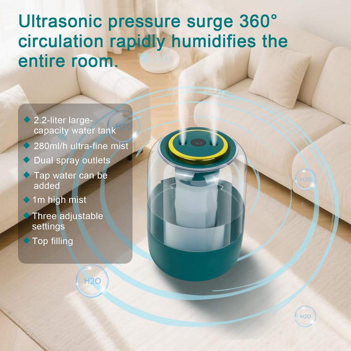 Humidifier with Double Nozzle, 2.2L Humidifiers for Bedroom, 26dB Quiet Dual Spray Cold Mist Humidifier for Plants, Office, and Home Baby Nursery, 3 Gear and Night Light, Easy to Fill & Clean