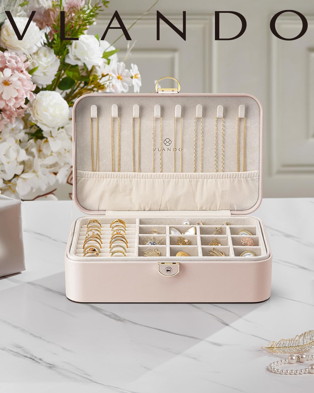 Vlando 2-Layer Jewelry Box,Valentines Day Gifts for Her Jewelry Organizer for Women Removable Jewelry Tray for Earrings Necklace,Gift Ideas,Birthday Graduation Gifts Apricot Pink