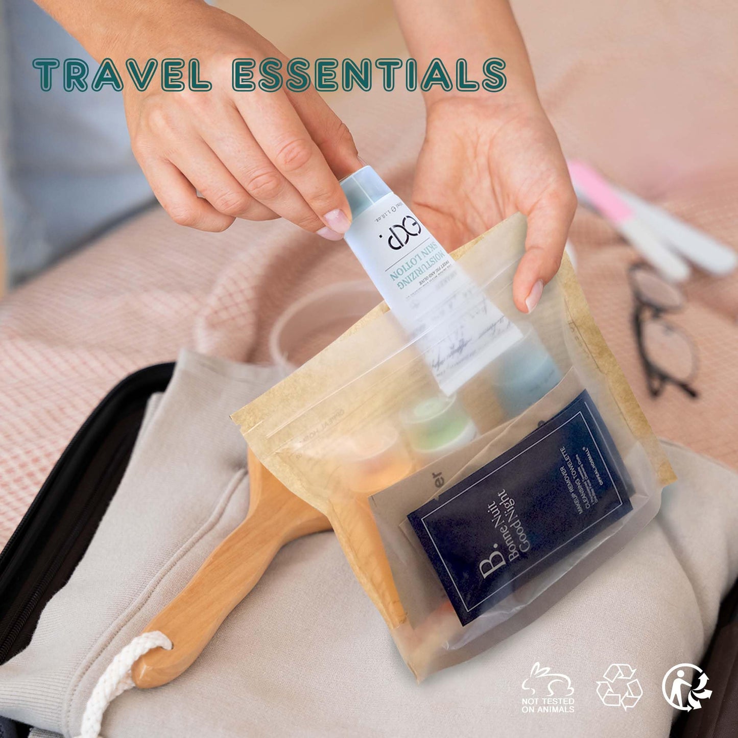 Guestsupply Kits 8-Piece with Travel Size TSA Compliant Essentials, Featuring: Shampoo Conditioner Shower Gel Body Lotion Soap bar Shower Cap Makeup Removers in Sealable Bag. 30 Disposable Toiletries.