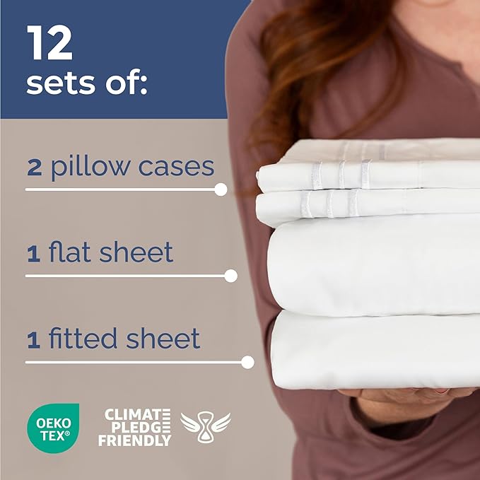 Bulk Case Pack of 12 Sheet Sets - (12) Complete King Size Sheet Sets with Deep Pockets - Wholesale Bulk Bedding for Hotels, Spas & Airbnbs - Breathable, Cooling, Soft & Wrinkle Free - (King, White)