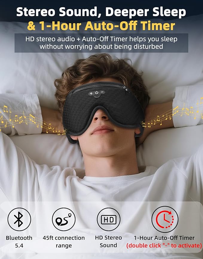 3D Contoured Sleep Mask with Bluetooth Headphones, Adjustable Blackout Sleeping Mask, 1-Hour Timer Sleeping Headphones with Thin Stereo Speakers for Men, Women, Gift - Black