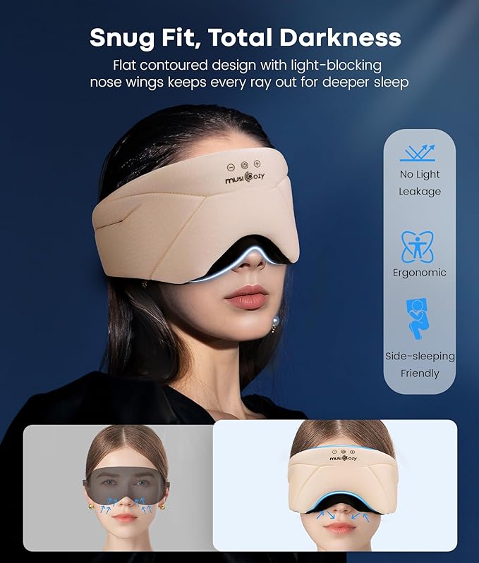 MUSICOZY Sleep Headphones, Bluetooth 5.4 Sleep Mask, Washable Zipper Eye Mask with HD Stereo Speakers, Cooling Ice Silk Fabric, 14H Playtime Wireless Headband Headphones for Side Sleepers