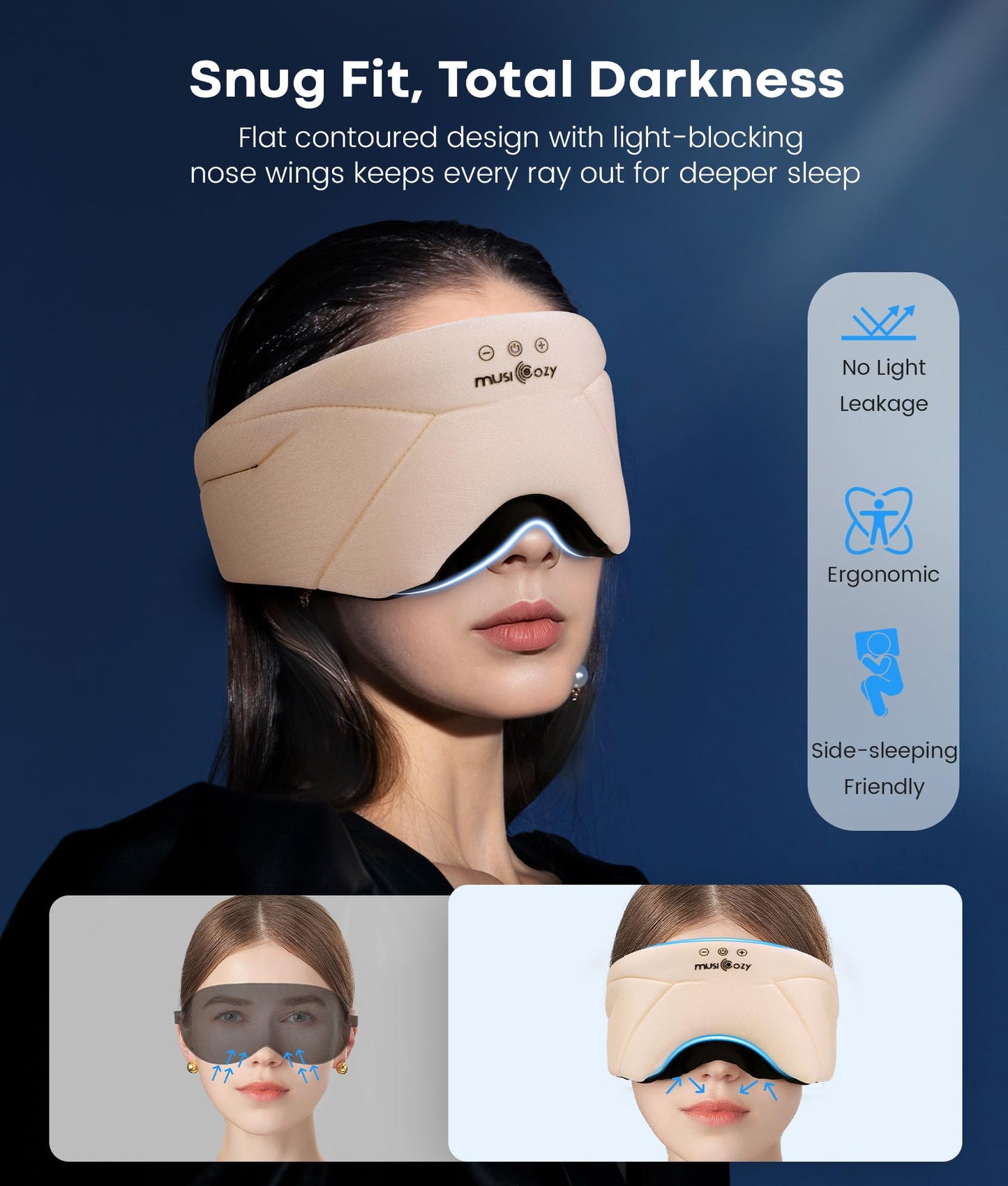MUSICOZY Sleep Headphones, Bluetooth 5.4 Sleep Mask, Washable Zipper Eye Mask with HD Stereo Speakers, Cooling Ice Silk Fabric, 14H Playtime Wireless Headband Headphones for Side Sleepers