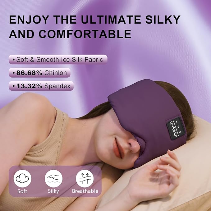 LC-dolida Sleep Mask with Bluetooth Headphones, Ice Silk Sleep Headphones with Bluetooth 5.4, Total Blackout Eye Mask for Sleeping, Soft Sleep Mask for Women Men, All Night Sleep, Travel(Purple)