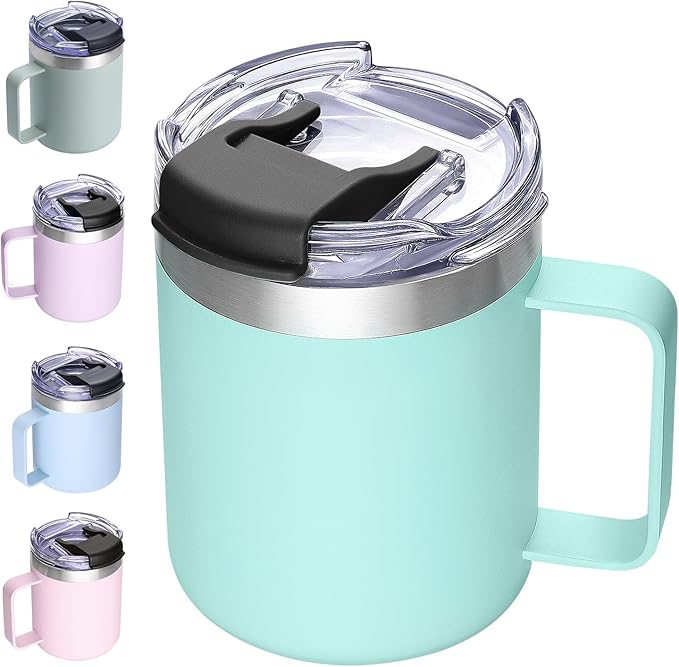 ALOUFEA 12oz Insulated Coffee Mug Cup with Handle, Stainless Steel Travel Coffee Mug with Flip Lid, Double Wall Vacuum Coffee Tumbler,Seafoam