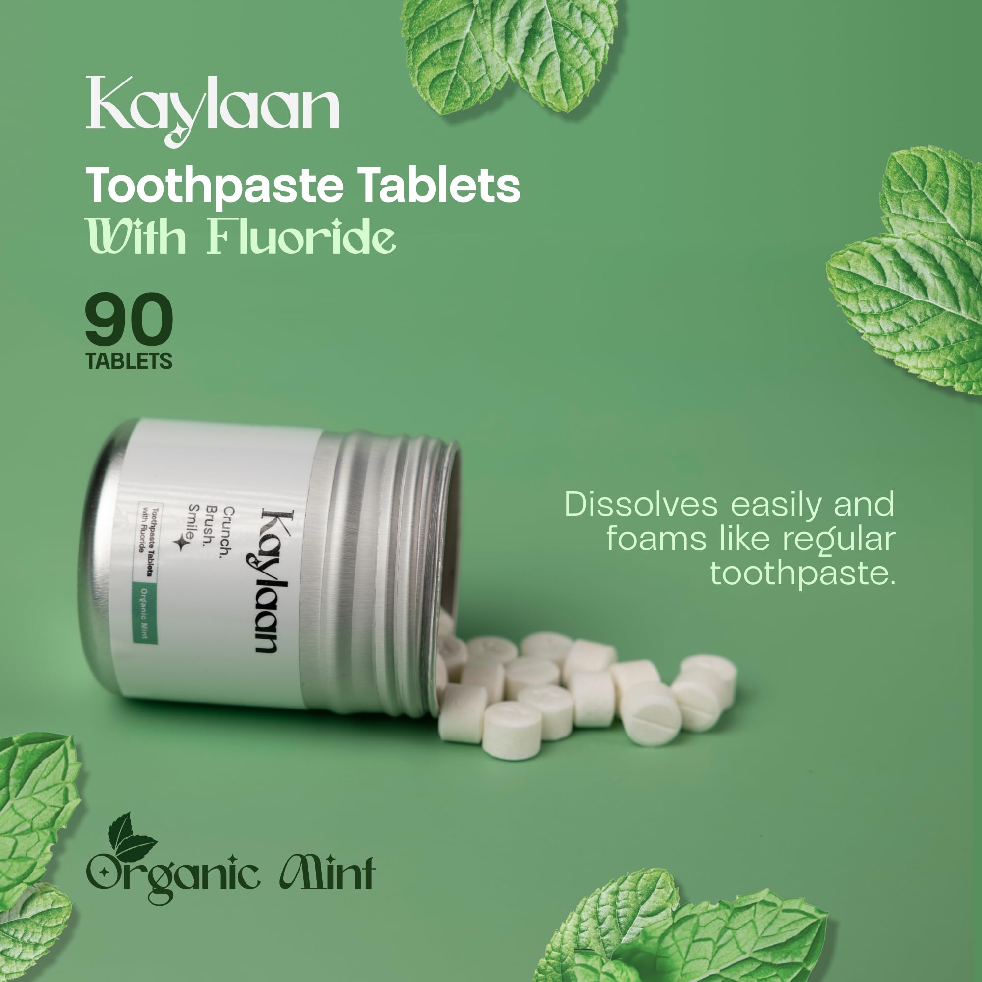 Kaylaan Toothpaste Tablets with Fluoride & Xylitol | Whitening, Sensitivity Relief & Enamel Remineralization | Chewable, Plastic-Free, Travel-Friendly - Mint, 180 Count (2 x 90), Made in USA