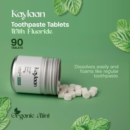 Kaylaan Toothpaste Tablets with Fluoride & Xylitol | Whitening, Sensitivity Relief & Enamel Remineralization | Chewable, Plastic-Free, Travel-Friendly - Mint, 180 Count (2 x 90), Made in USA