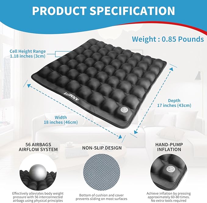 Air Inflatable Pressure Relief Seat Cushion for Wheelchair, Car, Office, Home Living, Adjustable Firmness for Coccyx, Sciatica Pain Relief, Tailbone Pain Relief, 18x17 inches with Grey Cover