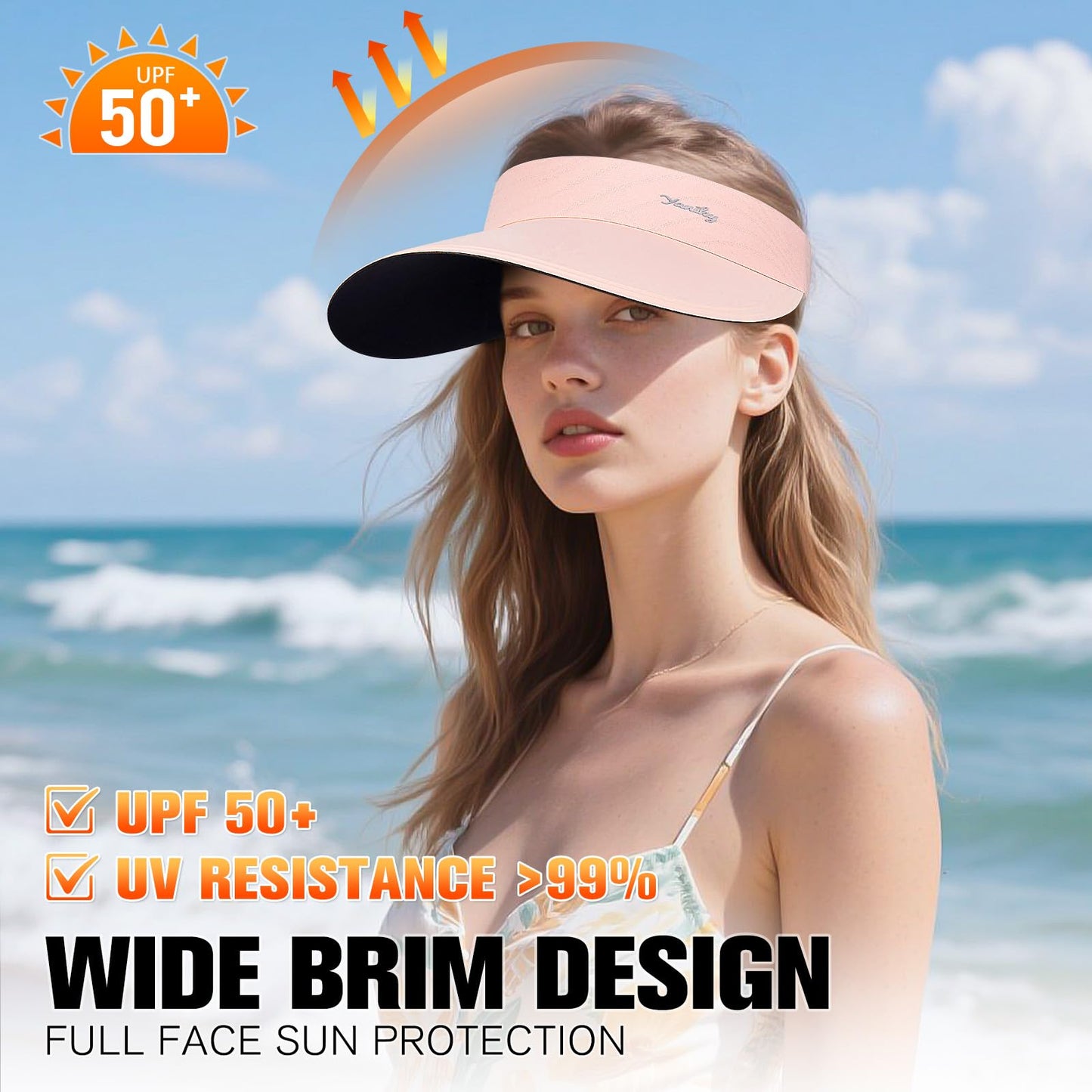 YANIKY Sun Visor for Women Wide Brim Summer UPF50+ UV Protection Seamless Sun Hats Foldable Beach Cap (US, Alpha, One Size, Pink)