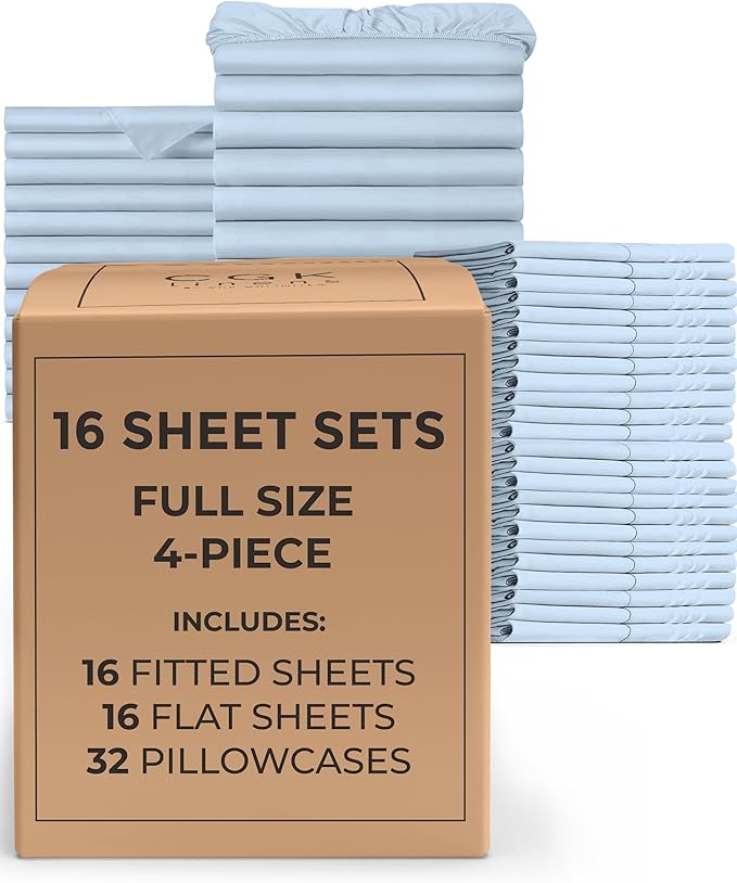 Bulk Case Pack of 16 Sheet Sets - (16) Complete Full Size Sheet Sets with Deep Pockets - Wholesale Bulk Bedding for Hotels, Spas & Airbnbs - Breathable, Cooling, Soft & Wrinkle Free - (Full, Sky Blue)