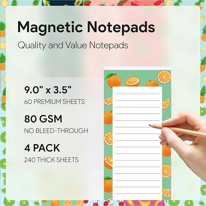 4 Large Magnetic Notepads – Shopping List, To-Do List, Reminders, Grocery List Pads -Strong Full Magnetic Back- Memo Pads with Realistic Fruit Designs | 60 Sheets per Pad 9 x 3.5 inch (4 Pack)