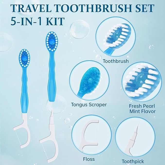 10pcs 5 in 1 Disposable Mini Toothbrush with Toothpaste + Floss + Pick + Tongue Scraper | Travel Size | Individually Wrapped | Soft | Mint | Travel Set | Oral Care (1)