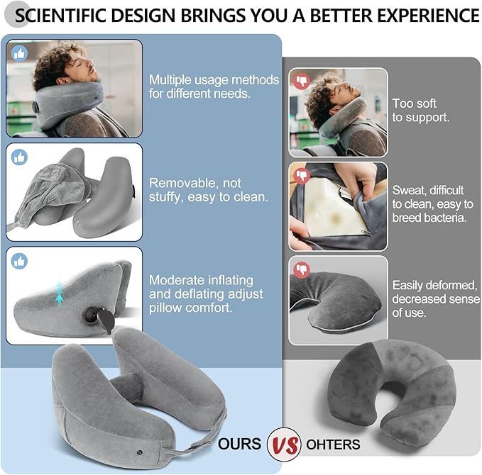 Sunany Neck Pillow for Travel Inflatable Airplane Pillow Comfortably Supports Head,Neck and Chin,Inflatable Travel Pillow with Soft Velour Cover,Hat,Portable Drawstring Bag (Grey)