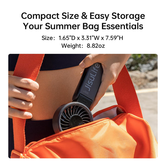 JISULIFE Handheld Fan Life7 – Ultimate Flexibility: High-Power Motor, LED Display, 19.5 Hrs Cooling, 5000mAh Rechargeable, 5-Speed, Foldable Design, 3-IN-1 Portable Fan for Travel Cruise Beach(Black)