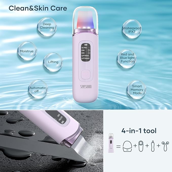 4 in1 Facial Skincare Scrubber,Skin Scrubber Face Spatula - Blackhead Remover with 4 Modes, Pore Extractor Face Spatula Deep Cleansing for Facial Skincare LCD Display, IPX7 Waterproof-Purple