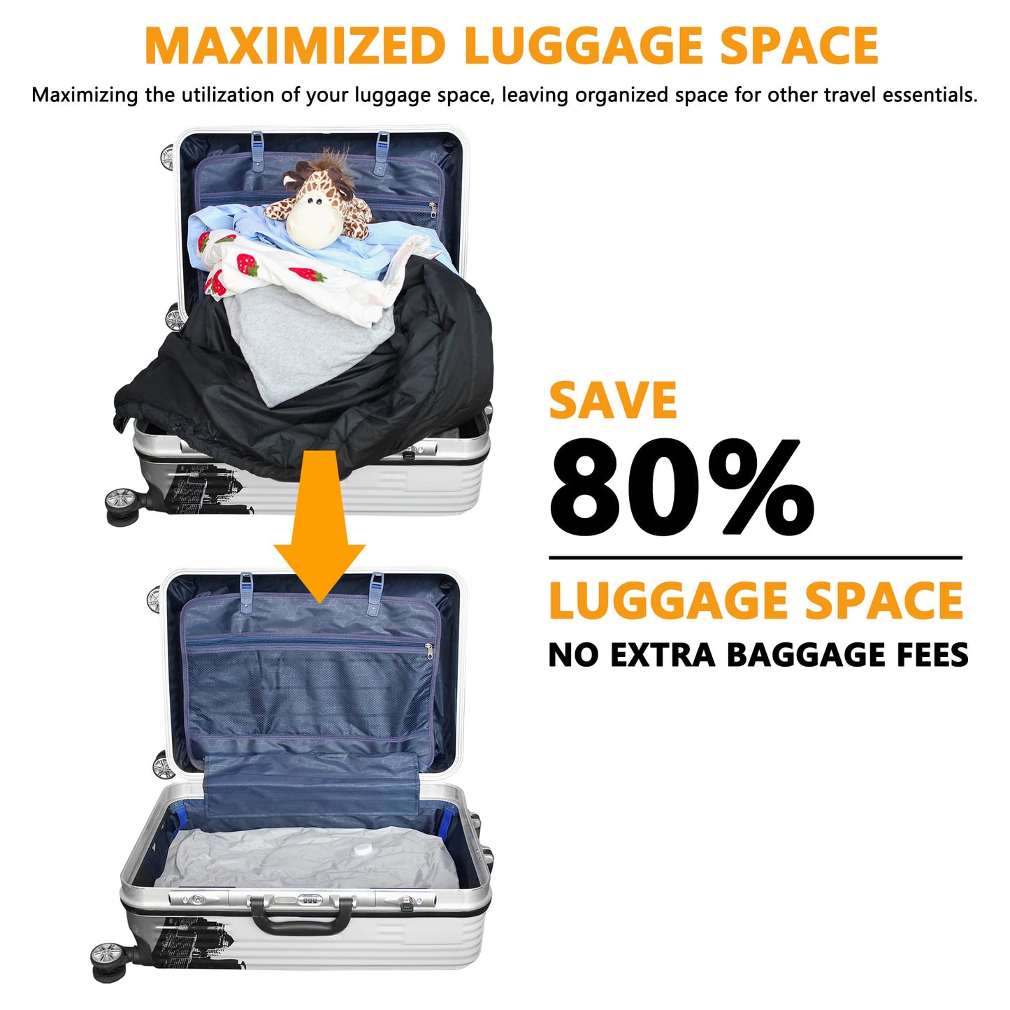 SUOCO Travel Vacuum Bags for Luggage and Backpack, 6 Medium Reusable Compression Bags with Wireless Electric Pump, Packing Seal Space Saver Storage Bags for Clothing, Carry on Suitcase