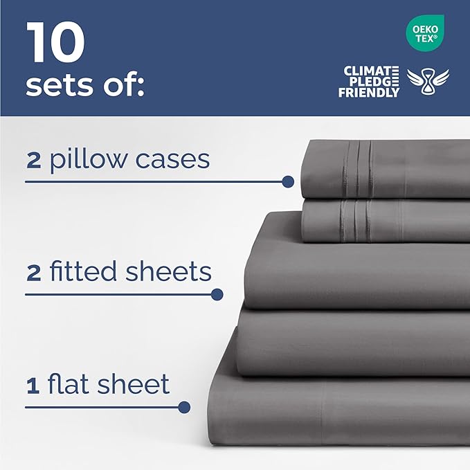 Bulk Case Pack of 10 Sheet Sets - (10) Complete Sheet Sets - Bulk Split King Bedding - Wholesale Case Pack for Hotels & Airbnbs - Deep Pocket & Fade Free - Cooling & Breathable - Split King, Dark Grey