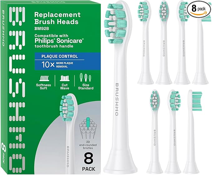 Brushmo Plaque Control Replacement Toothbrush Heads, Compatible with Philips Sonicare Click-on Electric Toothbrush Handles, 8 Standard Replacement Heads, Soft Dupont Bristles, BM928, White