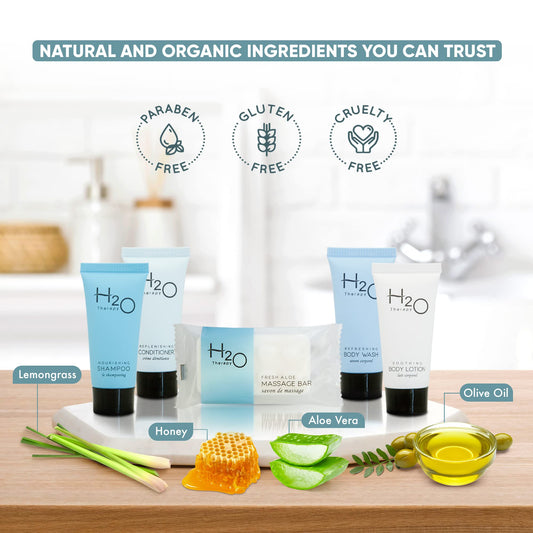 H2O Therapy Hotel Soaps & Toiletries Bulk Set | 1-Shoppe Amenities Kit | 0.85oz Shampoo & Conditioner, Body Wash, Lotion, 1oz Bar Soap | Travel Size | 300 Pieces