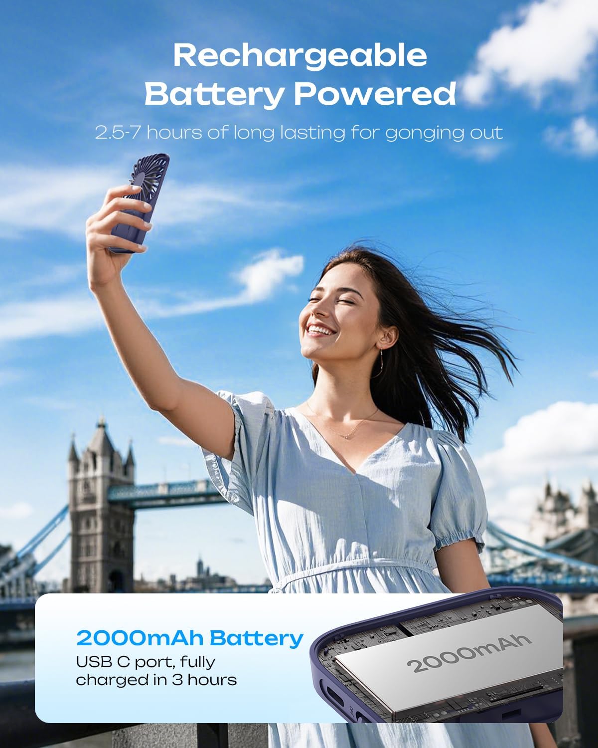 Otlonpe Rechargeable Mini Portable Handheld Fan, Small Personal Battery Powered Handheld Portable Fans for Hand Held Desktop Travel, Foldable Stand, Slim Cordless, Wrist Strap, 3-Speed (Blue)