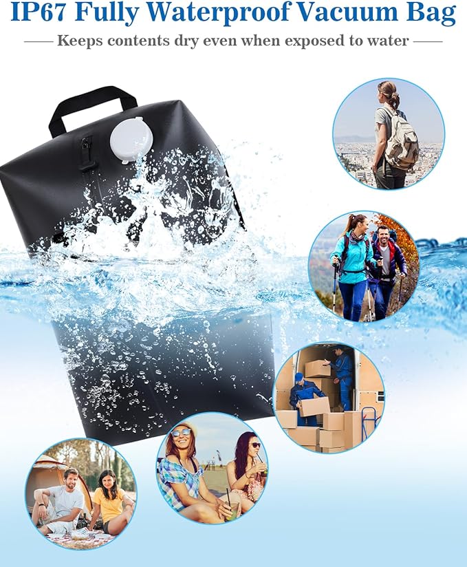 2025 One Touch Vacuum Bag for Travel with Built-in Pump, 30L Compression Bags for Carry On, IP67 Reusable Vacuum Seal Bag for for Cloth Packing, No Need Separate Pump (Black 2PC)