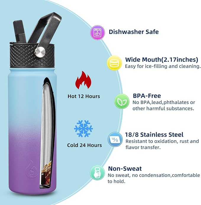 BJPKPK Insulated Water Bottles with Straw Lid, 22oz Cold & Hot Thermo, Stainless Steel Metal Water Bottle with 3 Lids, Reusable Thermo, Cups, Mugs for Daily Use-Ocean Dream