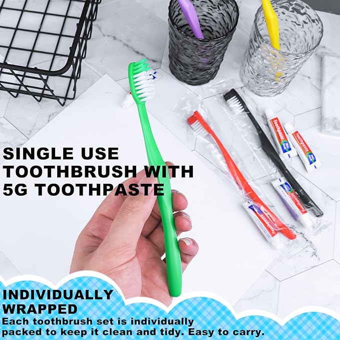 50pcs Disposable Toothbrushes with Toothpaste,Single Use Toothbrush with Toothpaste Individually Wrapped Disposable Travel Toothbrushes Kit Bulk for Homeless,Hotel,Guests(5 Colors)