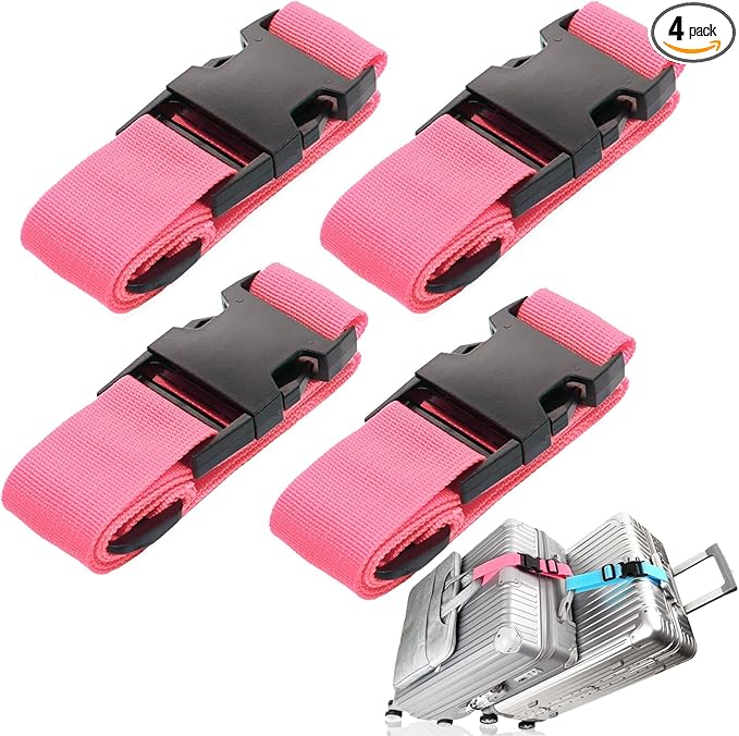 4Pack Luggage Straps for Suitcases, Travel Connector for Carry On Bag, Add Bag to Connect Two Suitcases, Adjustable Belt Attachment Accessories for Connect Your 3 Luggages, Pink