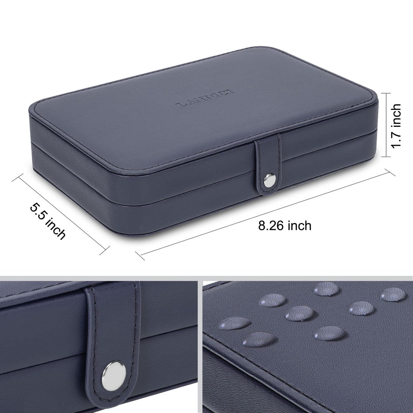 LANDICI Small Jewelry Box for Women Girls, PU Leather Travel Jewelry Case, Portable Jewelry Organizer Storage Holder Display for Ring Earrings Necklace Brooch Men Kids Gift, Dark Blue