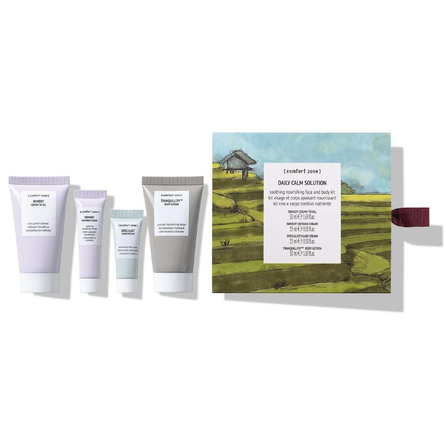 [ comfort zone ] Daily Calm Solution Collection | Soothing Nourishing Face and Body Kit, Includes Remedy Cream to Oil, Remedy Defense Cream, Specialist Hand Cream & Tranquillity Body Lotion | 4 Pieces