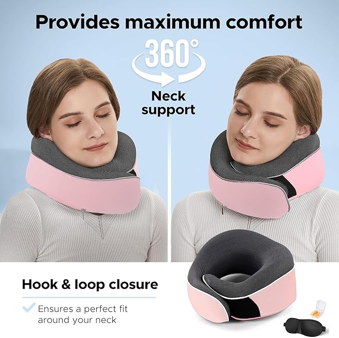 Travel Neck Pillow, Best Memory Foam Airplane Pillow for Head Support Soft Adjustable Pillow for Plane, Car & Home Recliner Use (Pink1)