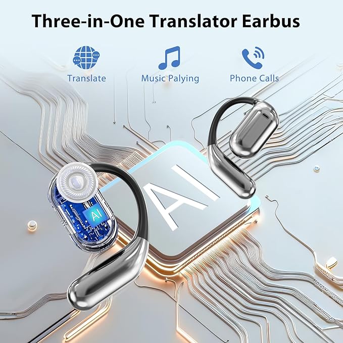 AI Language Translation Earbuds Real Time, 144 Language Translator Earbuds, OWS 3-in-1 with LCD Touch Screen & Charging Case, Wireless Bluetooth Open Ear Earbuds for Travel, Business, Learning