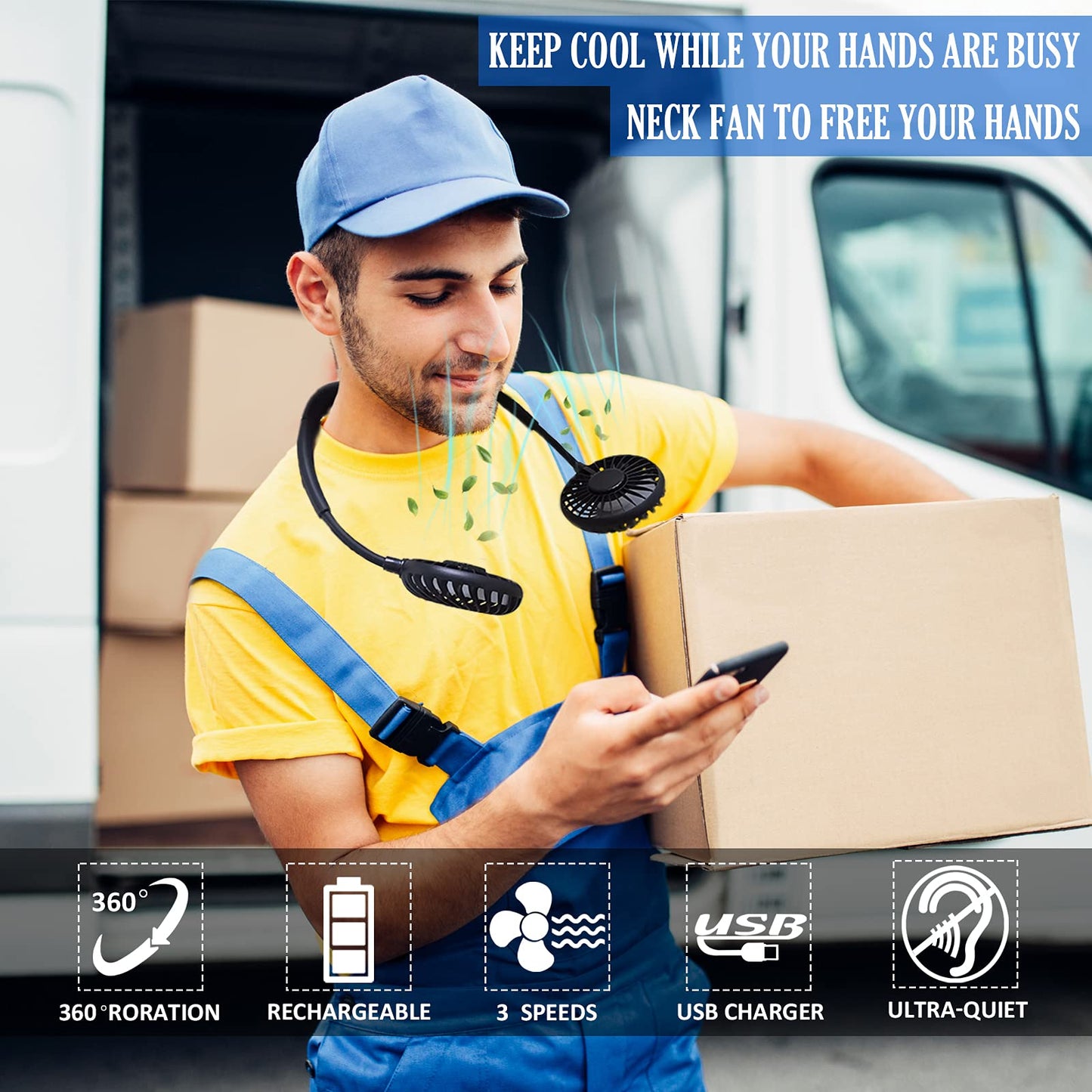 Neck Fan - 2600mAh Battery Operated Hands Free Fan, Portable Hang Around Neck Fans for Fishing, Camping, Hiking, Working, USB Powered, Over 12 Hours Cooling