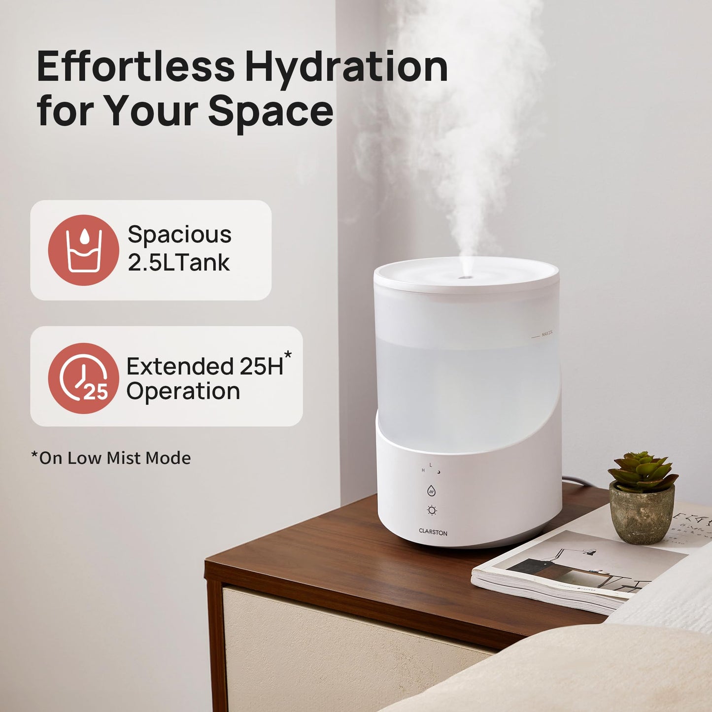 CLARSTON Humidifier for Bedroom, 2.5L Cool Mist Humidifier with Essential Oils Diffuser and Nightlight, Top Fill Humidifiers for Home, Auto Shut-off