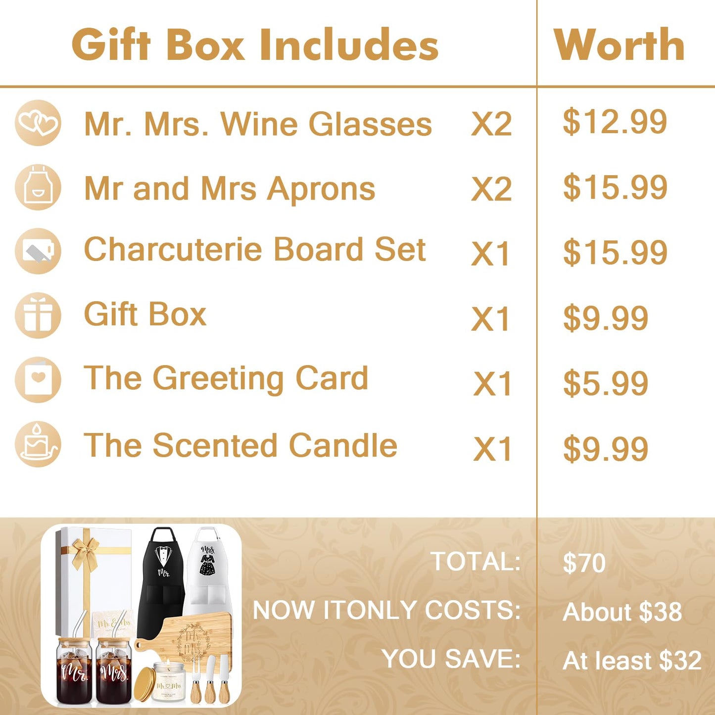 Singhoow 12 Pcs Wedding Gifts for Couples Mr Mrs Glass Cups Aprons Charcuterie Board Candle Butter Knife Box Set for Bridal Shower Engagement Anniversary Newlywed Bride Groom His and Her