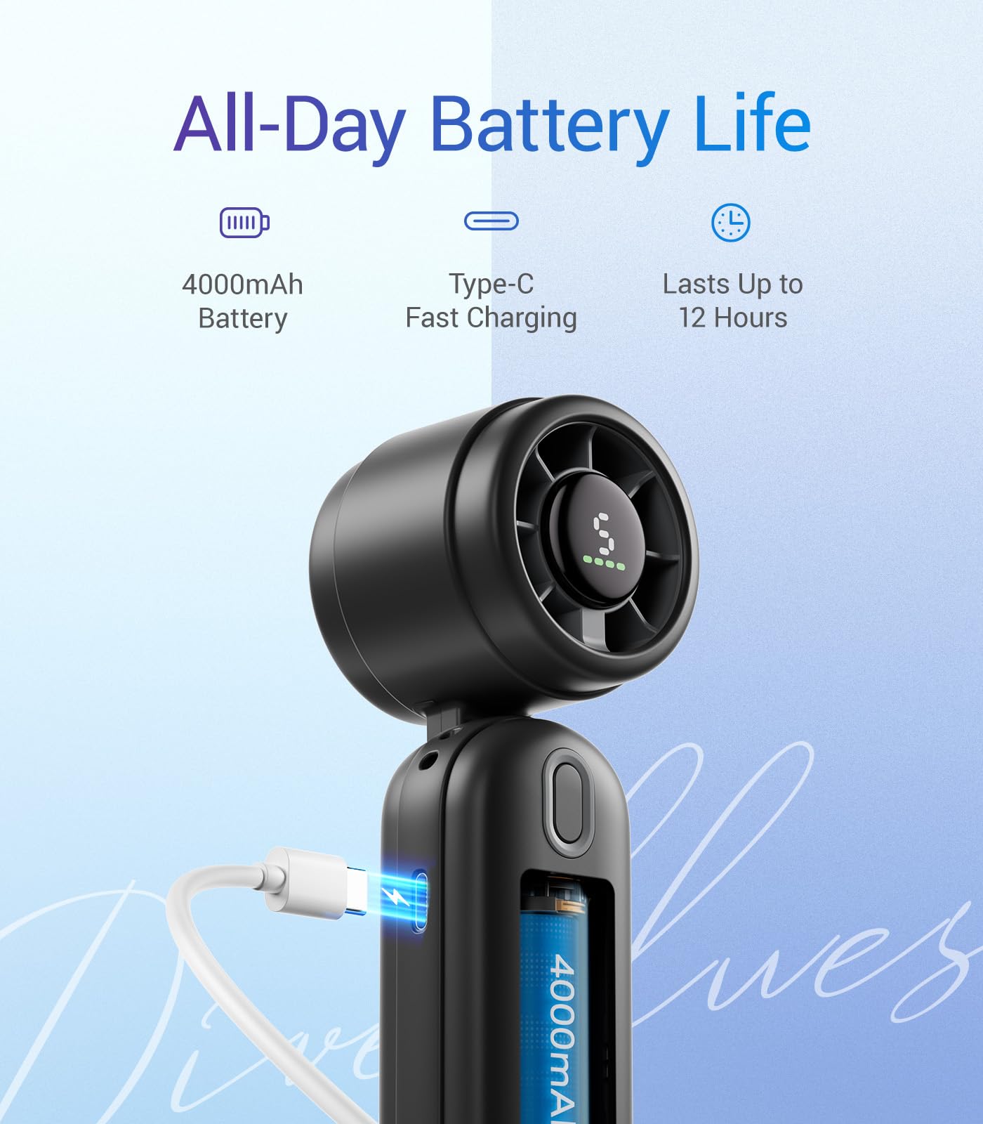 Diveblues iTurbo Portable Handheld Turbo Fan, 5 Gear High Speeds, Foldable Rechargeable Mini Hand Fans, Led Display,Powerful Turbo Airflow, 12-Hrs Cooling Small Fan Travel Essentials Beach Women Gifts