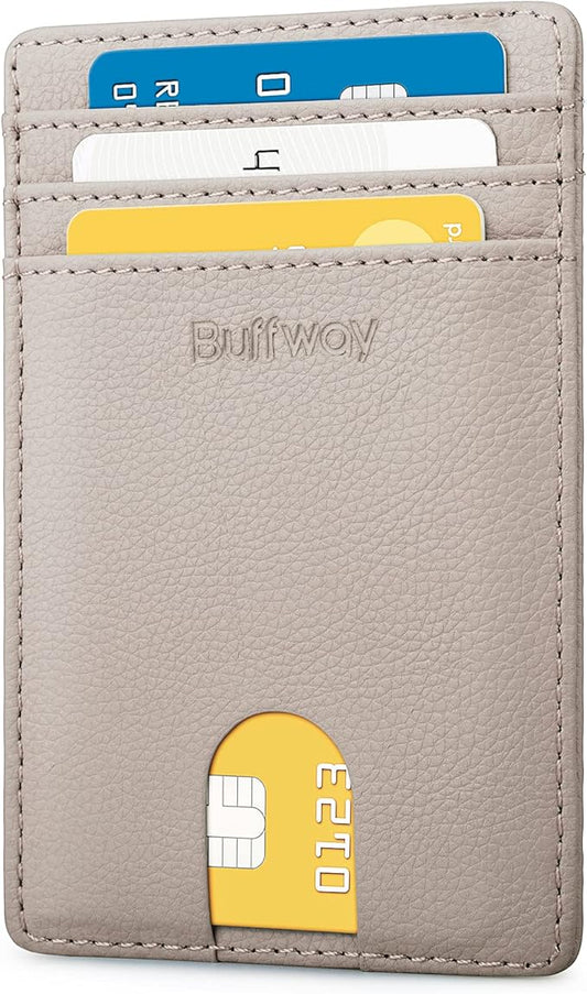Buffway Mens Slim Wallet, Minimalist Thin Front Pocket Leather Credit Card Holder with RFID Blocking for Work Travel