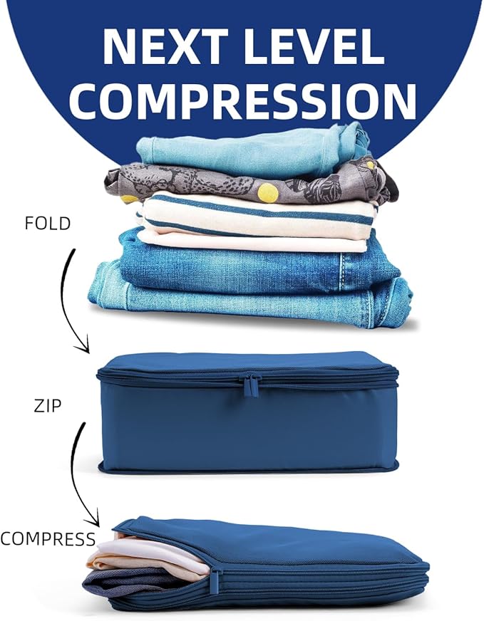 Compression Bags for Travel, XL/L/M/S Luggage Organizers (6 Set, Dark Blue)