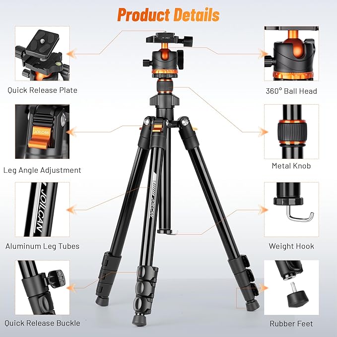 JOILCAN 66" Camera Tripod, Travel Tripod for Camera with 360° Ball Head & Phone Holder, Lightweight Compact Tripod for DSLR/Smartphone Photography, Max Load 22lbs