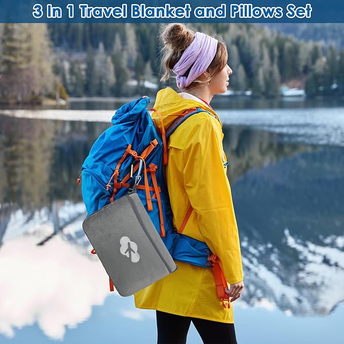 Blanket Pillow for Airplane Travel Essentials - 3 In 1 Travel Blanket and Pillow Set for Women Gifts, Plane Compact with Bag for Long Flight, International Traveler Must Haves Flying Accessories(Gray)