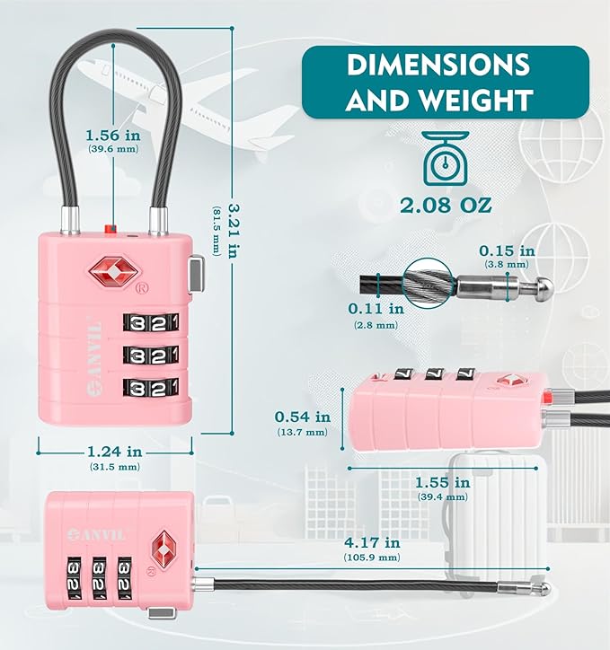 ANVIL TSA Approved Luggage Locks – High Security TSA008 Combination Travel Locks with Inspection Indicator for Suitcases and Backpacks. (4, Pink)