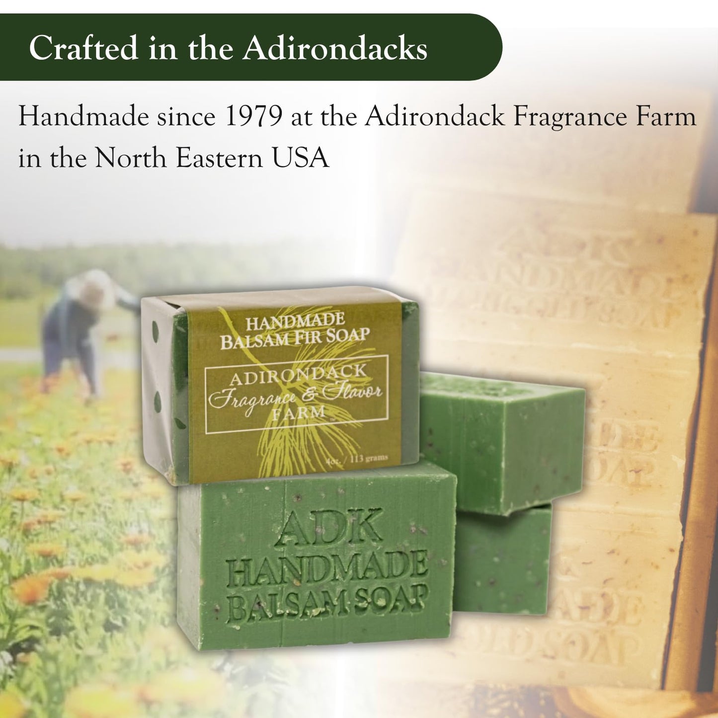 Adirondack Fragrance & Flavor Farm ADK Natural Balsam Soap Bar 4 oz., Handmade Vegan Olive Oil Body Soap for Dry and Sensitive Skin, Moisturising for Men, Women & Babies, Produced in the USA
