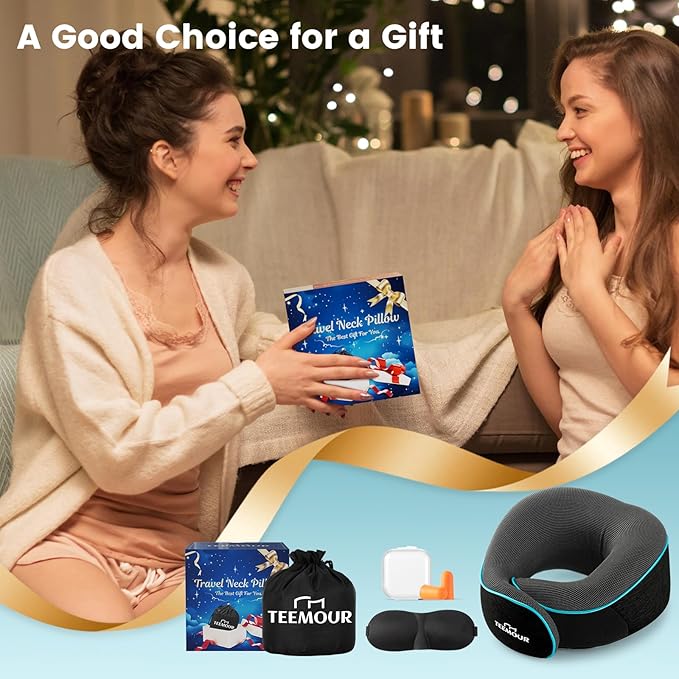 Upgraded Neck Pillow for Airplane Travel - 360° Support Stops Head Bobbing, Memory Foam Travel Pillow With Eye Mask & Earplugs, Portable Carry Bag for Long Flights/Car| Best Airplane Accessories Black