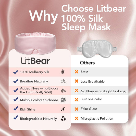 LitBear 100% Mulberry Silk Sleep Mask for Women & Men, Soft and Comfortable Eye Mask for Side Sleepers, Blackout Sleeping Mask for Home, Travel, Office, or Napping (Pink)