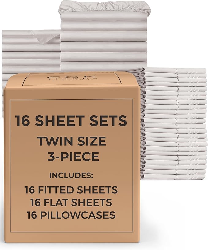 Bulk Case Pack of 16 Sheet Sets - (16) Complete Sheet Sets - Bulk Twin Bedding - Wholesale Case Pack for Hotels, Spa & Airbnbs - Deep Pocket & Wrinkle Free - Cooling & Breathable - Twin, Light Grey