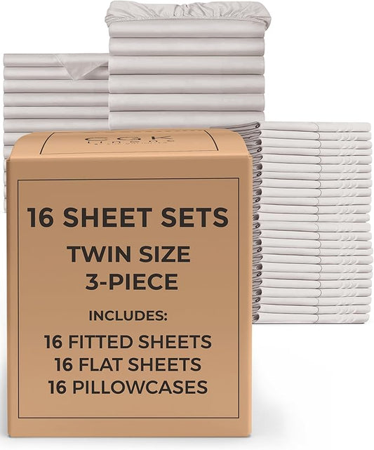 Bulk Case Pack of 16 Sheet Sets - (16) Complete Sheet Sets - Bulk Twin Bedding - Wholesale Case Pack for Hotels, Spa & Airbnbs - Deep Pocket & Wrinkle Free - Cooling & Breathable - Twin, Light Grey