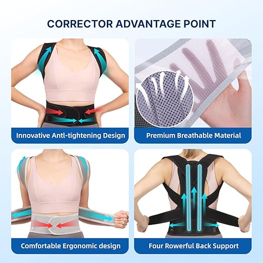 Adjustable Posture Corrector & Back Brace for Women and Men – Full Back and Shoulder Support with Breathable Mesh – Spine Alignment & Neck Pain Relief – Invisible Under Clothes (Gray, X-Large)