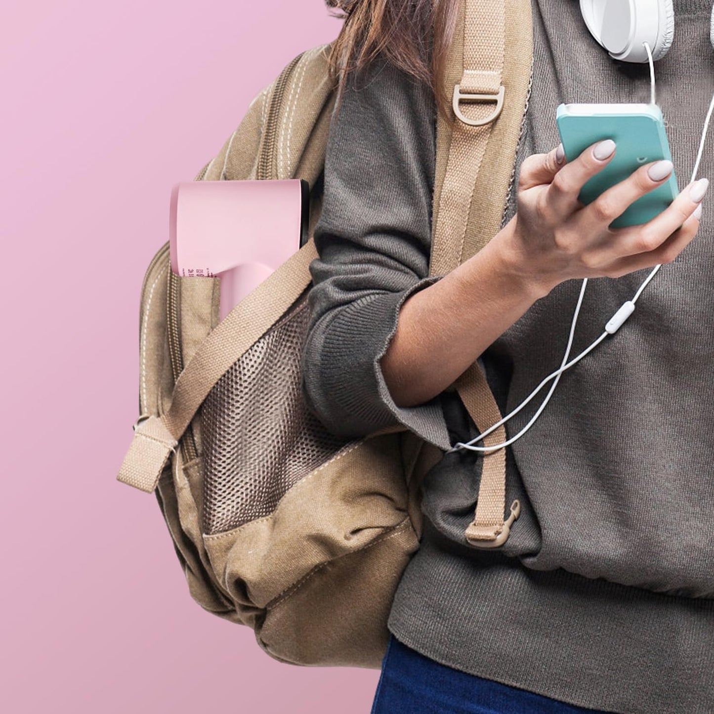 Mini Travel Hair Dryer for Women, 110000 RPM High-Speed Pink Small Blow Dryer, Portable Hairdryer for Fast Drying, Low Noise Thermo-Control, Compact Hair Dryer with Magnetic Nozzle